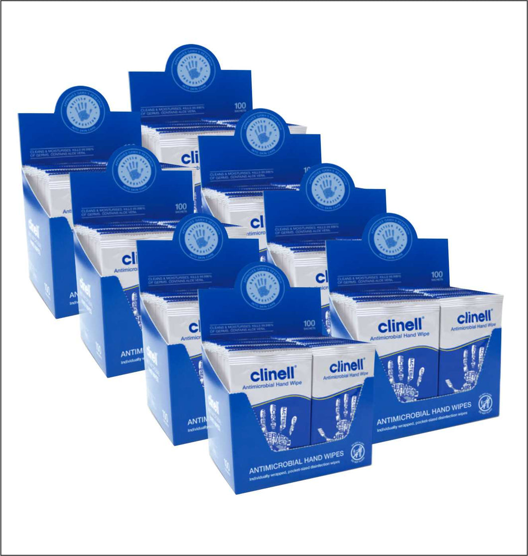 Clinell Antimicrobial Hand Wipes, 100 sachets - case of 8 boxes