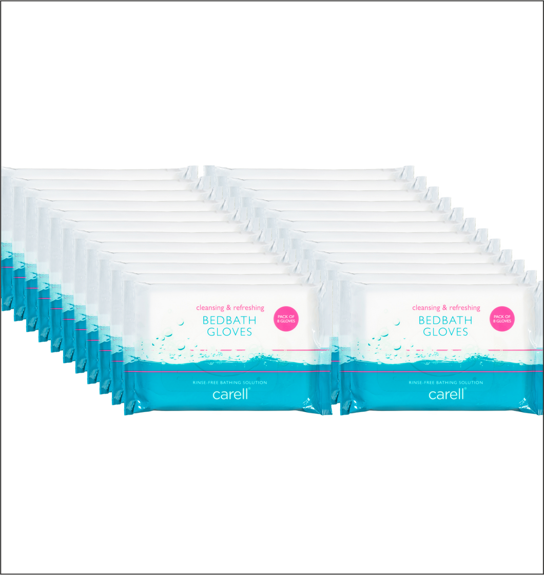 Carell Bed Bath Gloves for a rinse-free bathing solution in a case o f 24 packs