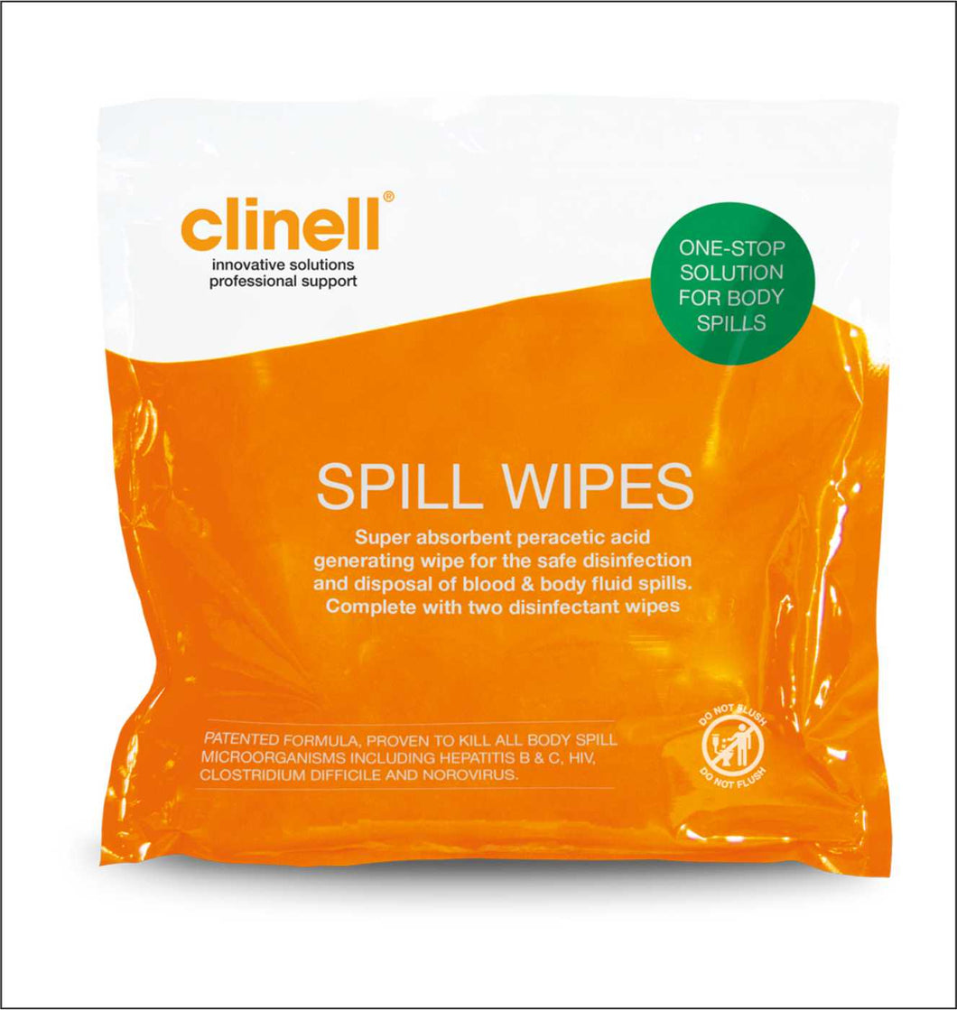 Clinell Spill Wipes designed to soak up body fluid spills safely, in seconds.