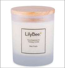 Load image into Gallery viewer, LilyBee essential oil candle - Bee Fresh - in a frosted glass container with bamboo lid.
