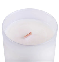 Load image into Gallery viewer, LilyBee candle in frosted glass container with lid removed, showing candle inside with wick showing.
