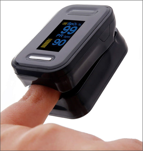 Yonker pulse oximeter with finger inserted and test results of SpO2 and pulse rate displayed